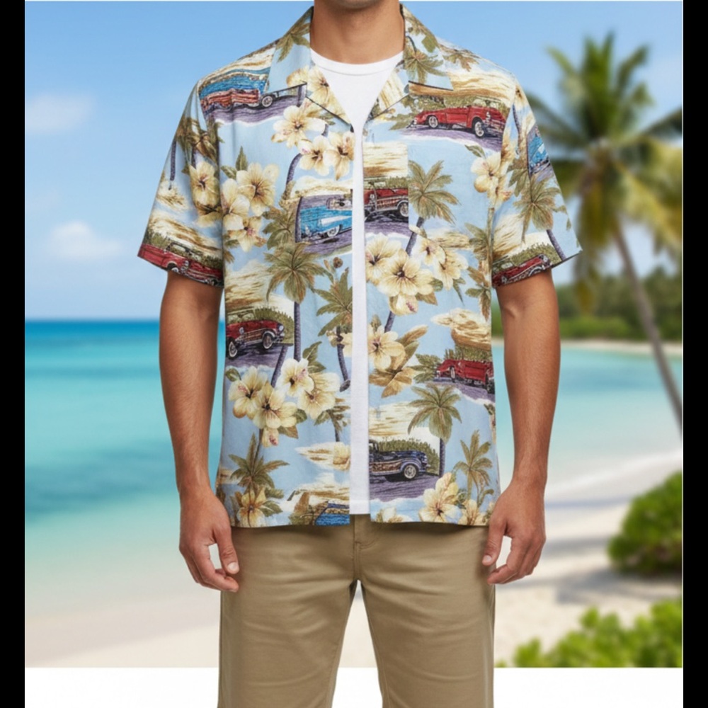 Men’s Hawaiian Shirt Island Collection Beautiful Classic Cars In Paradise XL New
